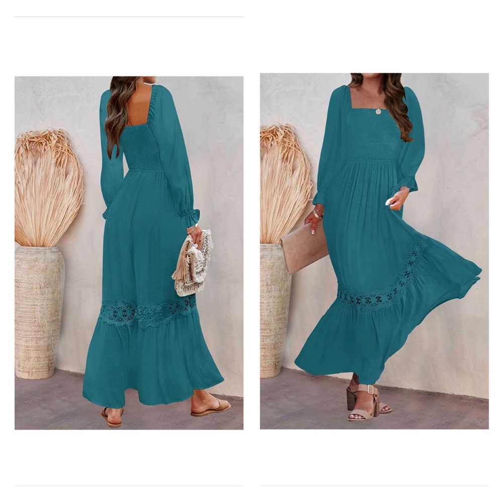 Boho LongSleeve Square Neck Smocked High Waist Flowy A Line Lace Trim Maxi Dress
